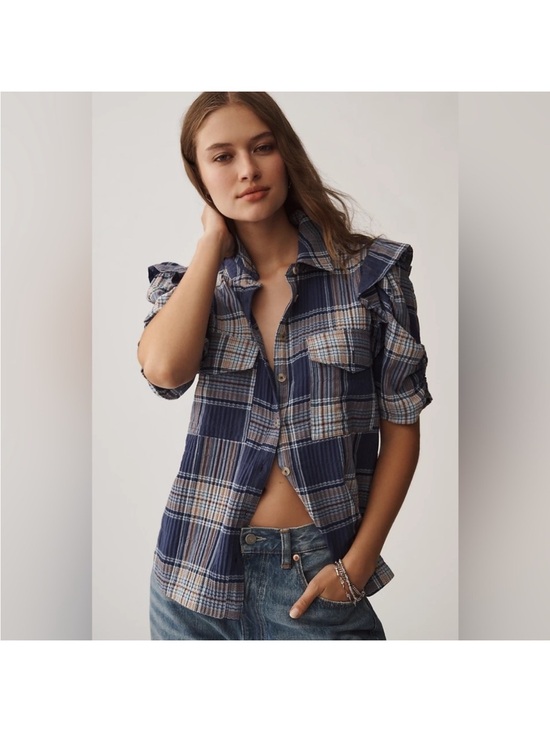 Pilcro Tops - Pilcro Anthropologie Ozzi Plaid Ruffle Sleeve Button Down Shirt Size S Blue